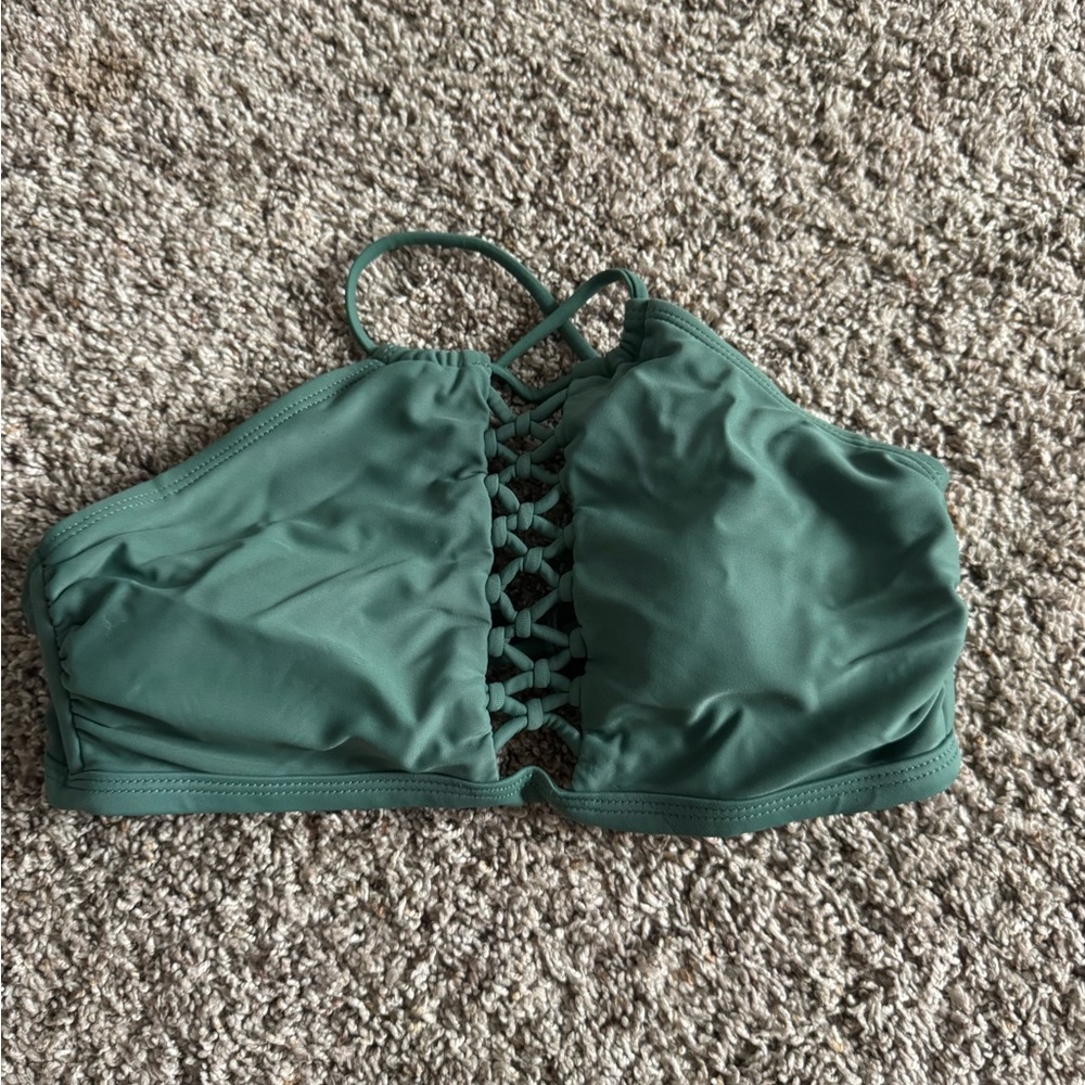 Green Halter Bikini Top with Lace-Up Detail